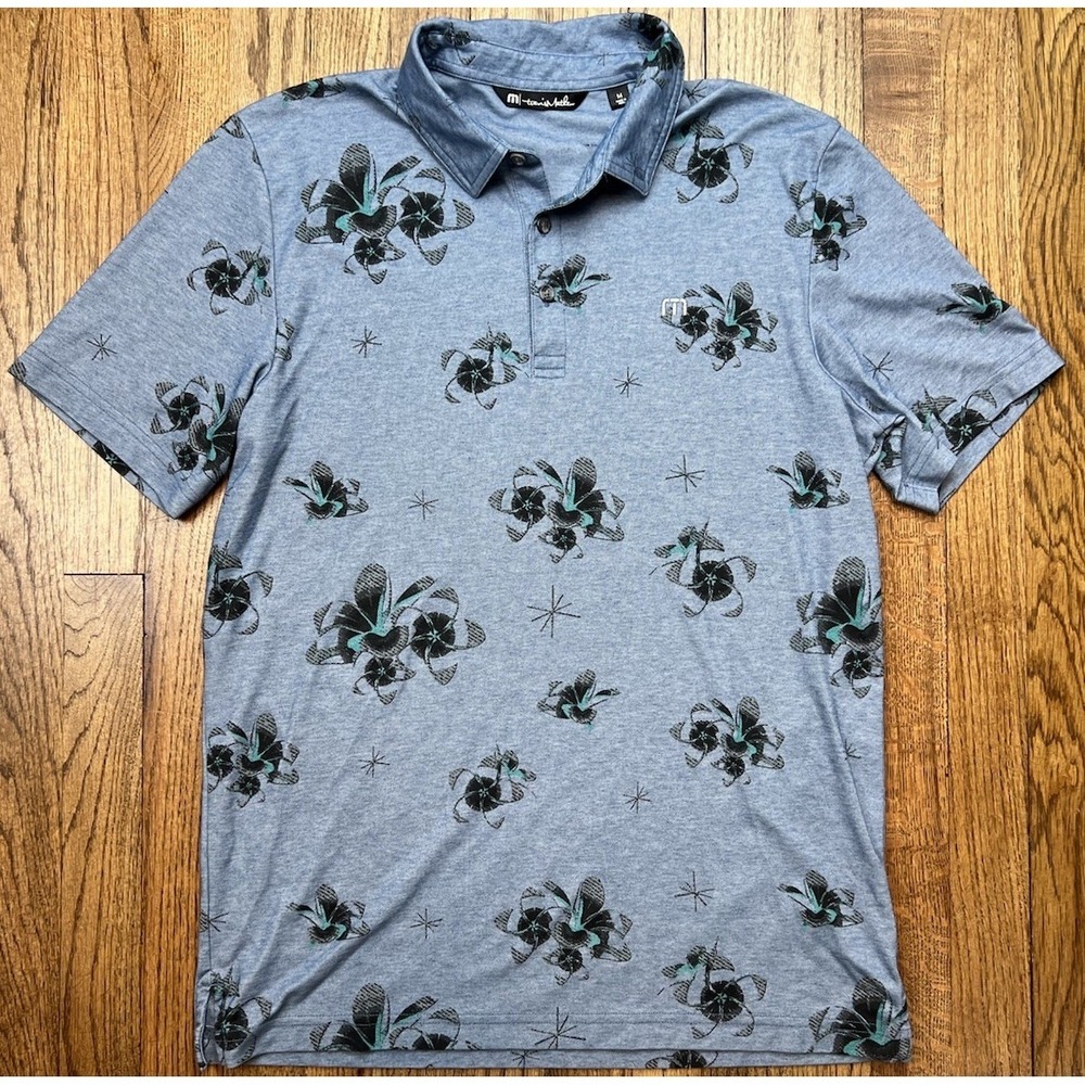 Travis Mathew Blue Floral Golf Polo Shirt Tropical Hawaiian Men's Size Medium - Picture 2 of 5